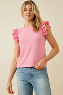 HY6738 Pink Womens Layered Ruffle Mix Media Ribbed Knit Tank Front 2