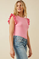 HY6738 Pink Womens Layered Ruffle Mix Media Ribbed Knit Tank Side