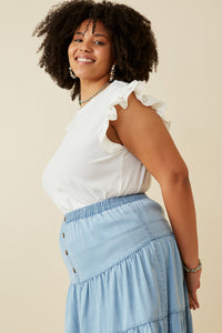 HY6738W BLACK Plus Layered Ruffle Mix Media Ribbed Knit Tank Front