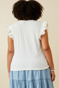 HY6738 Off White Womens Layered Ruffle Mix Media Ribbed Knit Tank Front