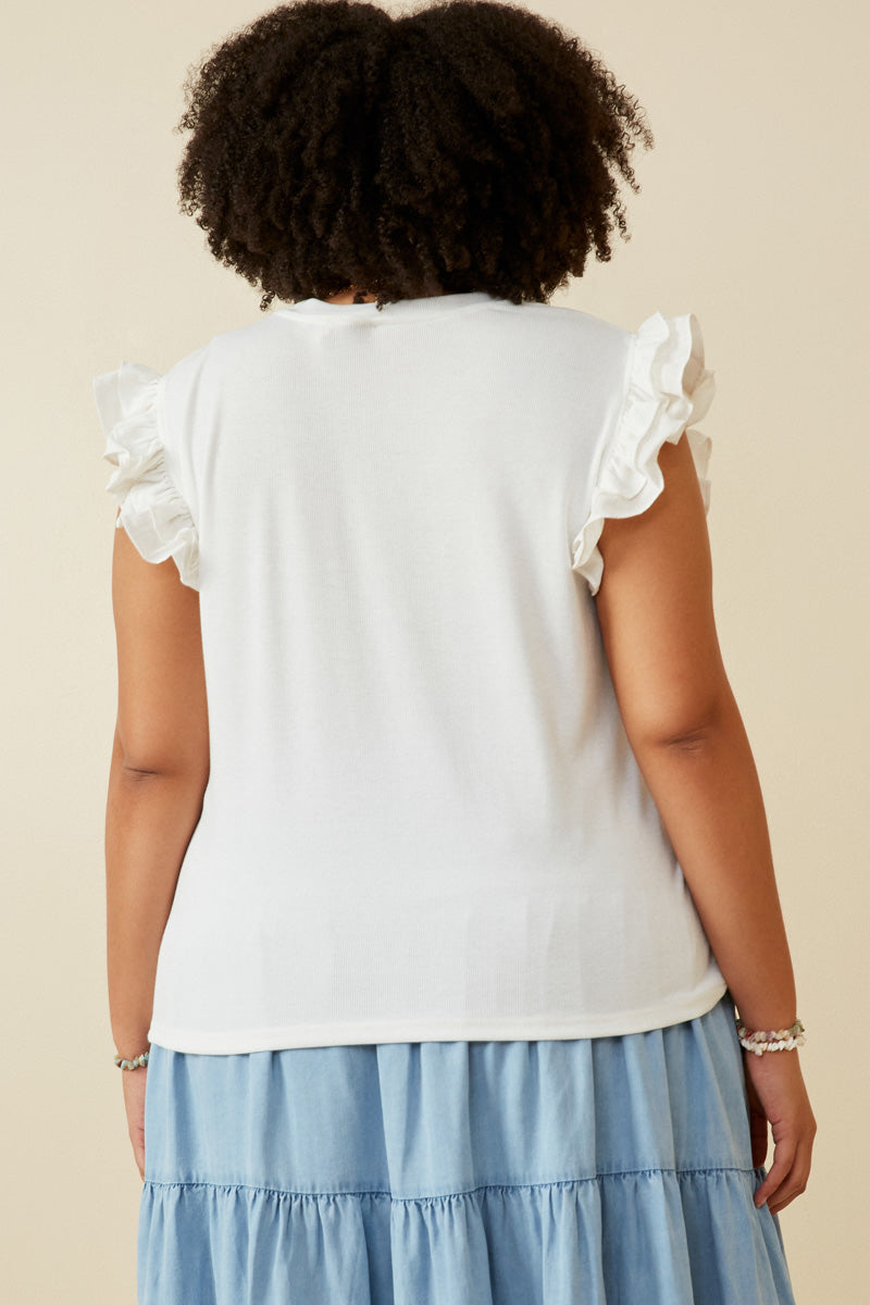 HY6738 Off White Womens Layered Ruffle Mix Media Ribbed Knit Tank Front