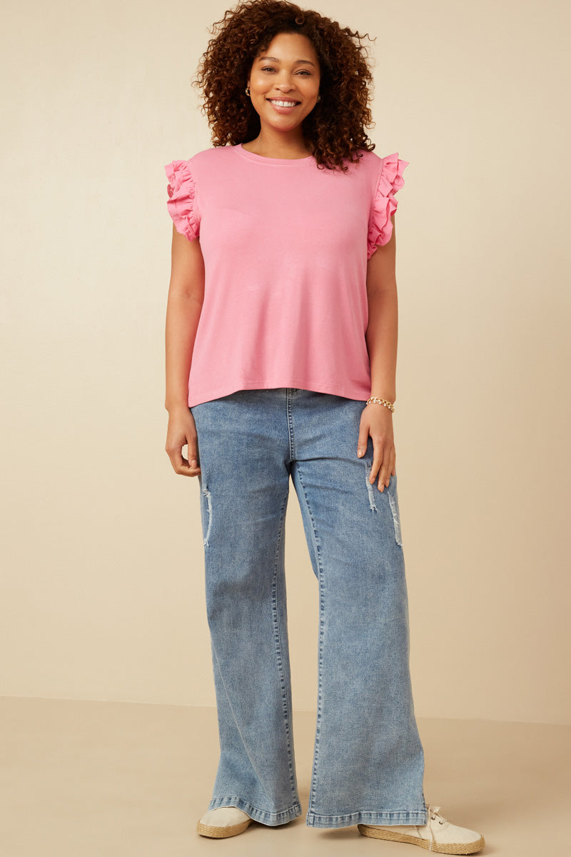 HY6738W Pink Plus Layered Ruffle Mix Media Ribbed Knit Tank Gif