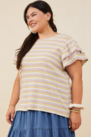 HY6748 Pink Mix Womens Striped Ruffled Cap Sleeve Knit Top Pose