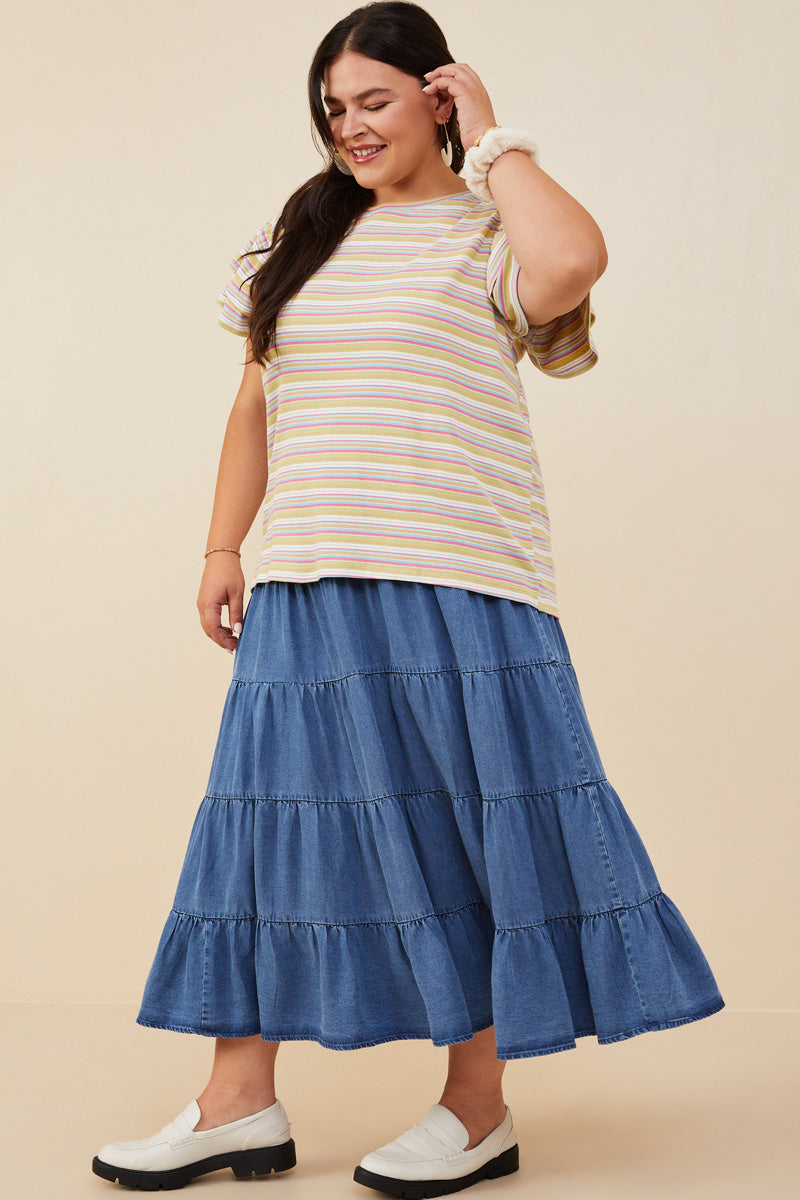 HY6748 Pink Mix Womens Striped Ruffled Cap Sleeve Knit Top Back