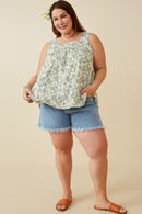 HY6749W GREEN Plus Botanical Print Square Neck Handerchief Tank Full Body