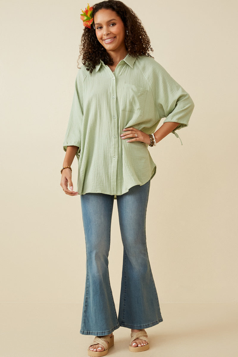 Crinkle Texture Tie Sleeve Button Up Shirt