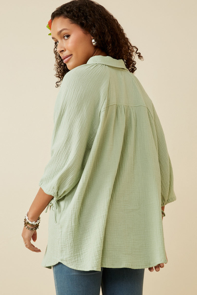 HY6760 Cream Plus Crinkle Texture Tie Sleeve Button Up Shirt Front