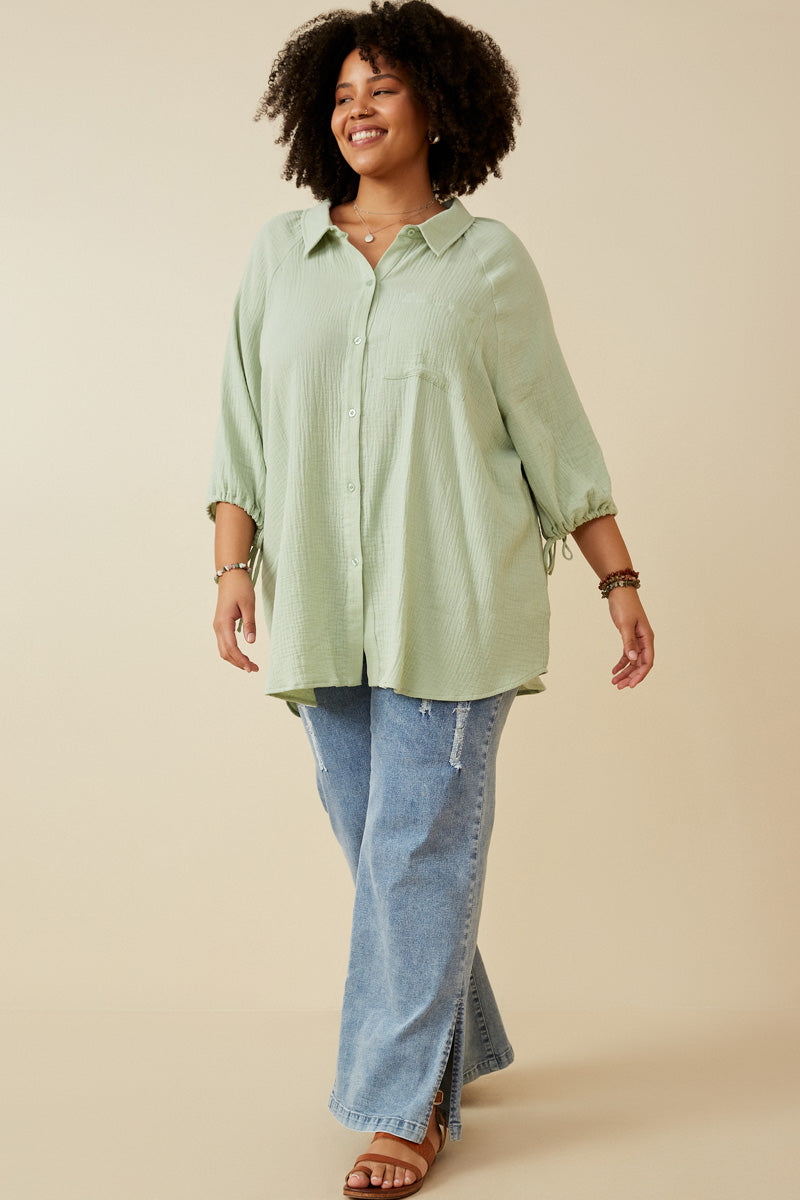 HY6760W Cream Plus Crinkle Texture Tie Sleeve Button Up Shirt Pose