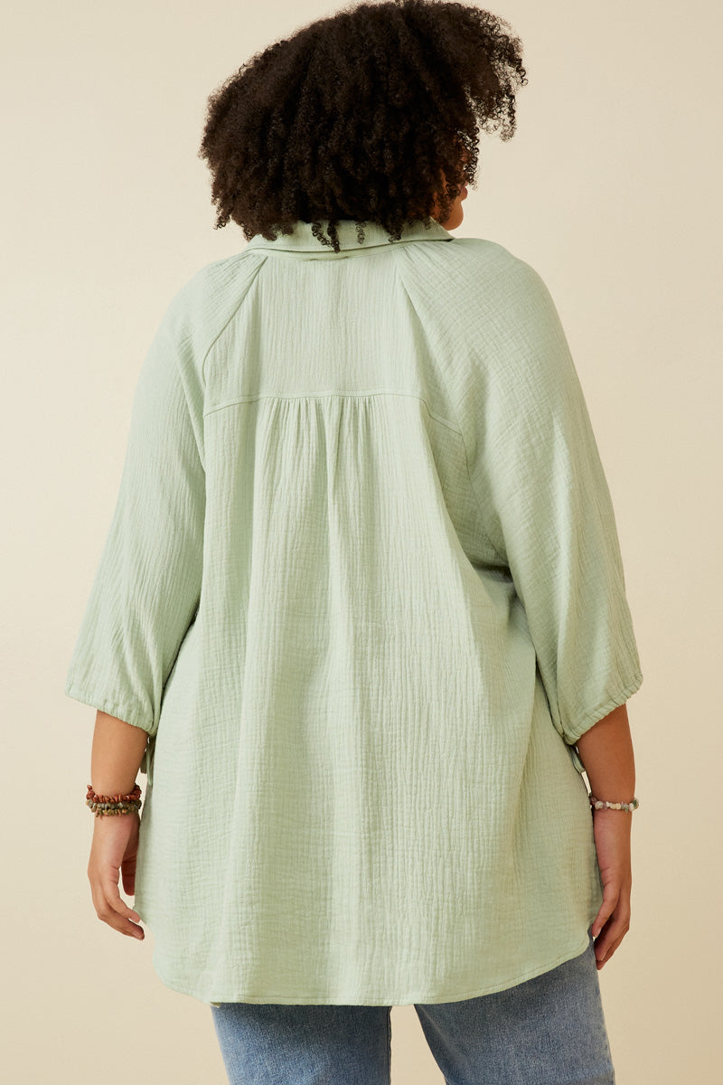 HY6760W Cream Plus Crinkle Texture Tie Sleeve Button Up Shirt Back