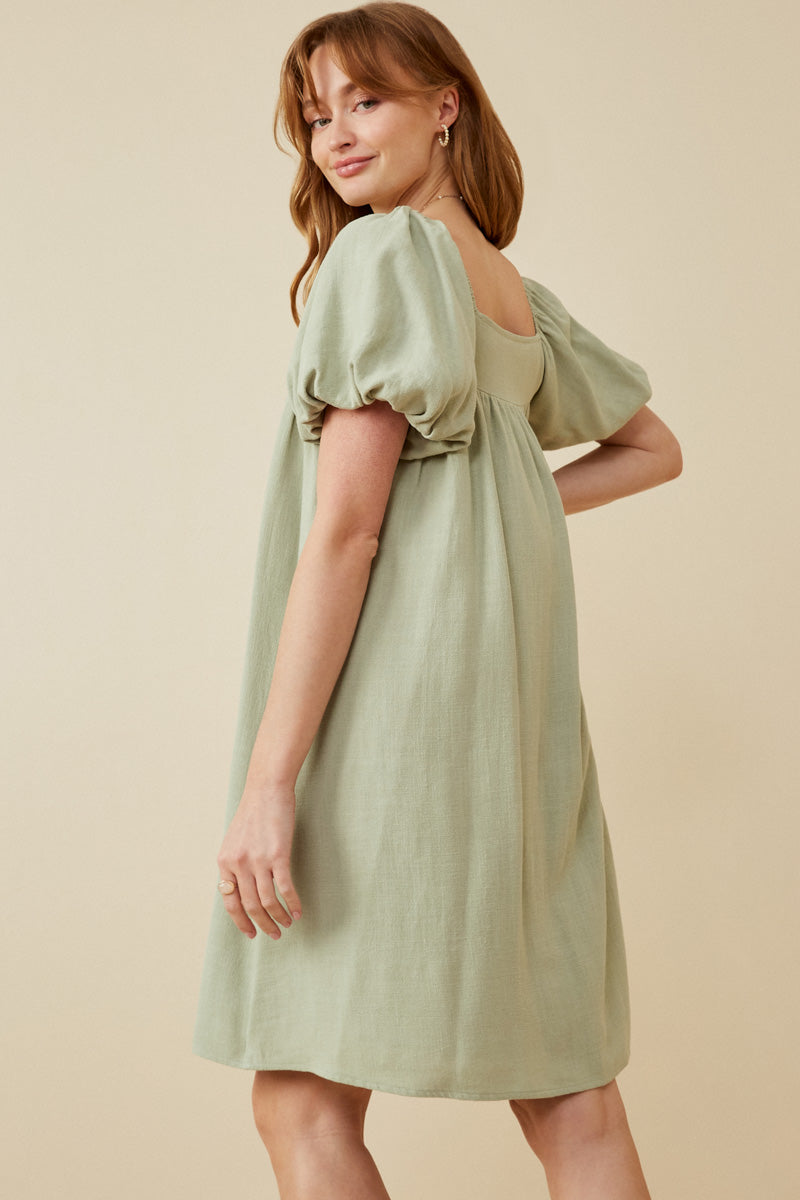 HY6766 SAGE Womens Puff Sleeve Box Pleat Detail Square Neck Dress Front