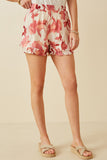 HY6769 Red Womens Textured Floral Print Ruffle Detailed Shorts Front