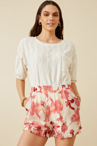 HY6769 Red Womens Textured Floral Print Ruffle Detailed Shorts Front 2