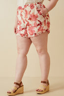 HY6769W Red Plus Textured Floral Print Ruffle Detailed Shorts Gif