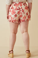 HY6769W Red Plus Textured Floral Print Ruffle Detailed Shorts Side