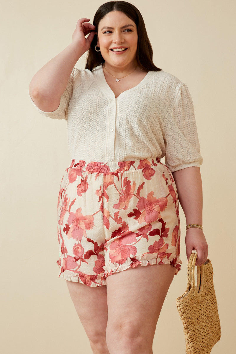 HY6769W Red Plus Textured Floral Print Ruffle Detailed Shorts Back