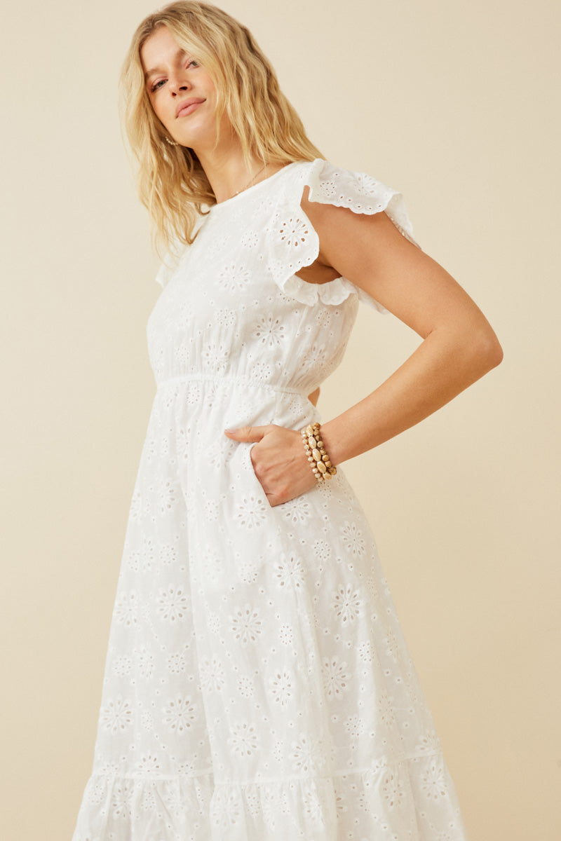 HY6779W Off White Plus Scallop Hem Floral Crochet Eyelet Dress Side