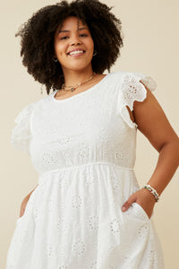 HY6779W Off White Plus Scallop Hem Floral Crochet Eyelet Dress Full Body