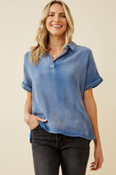 HY6786 Blue Plus Washed Textured Collar Dolman Top Front