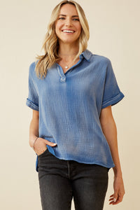 HY6786 Blue Plus Washed Textured Collar Dolman Top Front