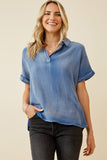 HY6786 Blue Plus Washed Textured Collar Dolman Top Front