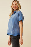 HY6786 Blue Womens Washed Textured Collar Dolman Top Back