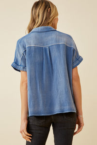 HY6786 Blue Plus Washed Textured Collar Dolman Top Front