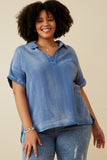 HY6786 Blue Womens Washed Textured Collar Dolman Top Front