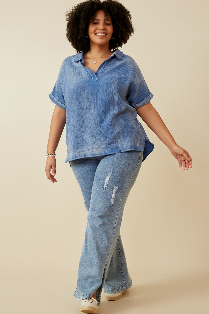 HY6786W Blue Plus Washed Textured Collar Dolman Top Full Body