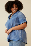 HY6786W Blue Plus Washed Textured Collar Dolman Top Side