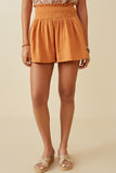 HY6787 APRICOT Womens Textured Acid Wash Smocked Short Front