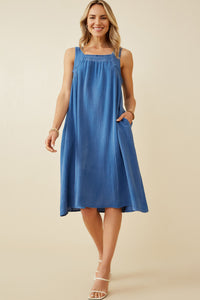 HY6788 Blue Plus Washed Textured Smock Detail Tank Dress Full Body