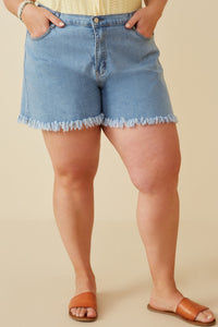 HY6790 Denim Womens Distressed Fray Detail Shorts Front