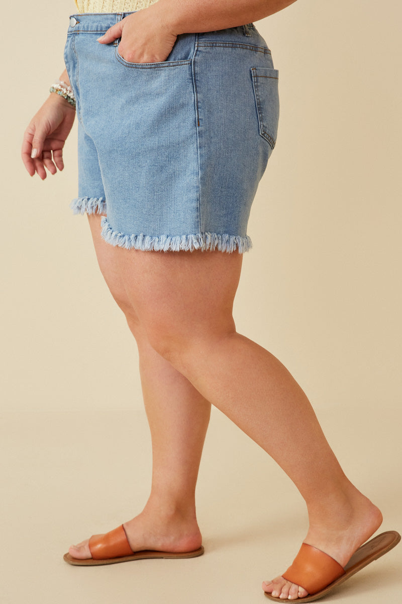 HY6790W DENIM Plus Distressed Fray Detail Shorts Side