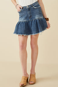 HY6791 DENIM Womens Distressed High Waist Drop Hem Denim Skirt Front