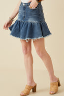 HY6791 DENIM Womens Distressed High Waist Drop Hem Denim Skirt Side