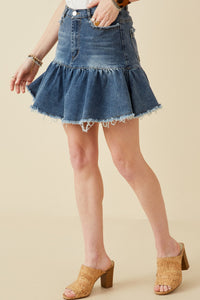 HY6791 DENIM Womens Distressed High Waist Drop Hem Denim Skirt Side