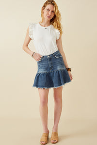HY6791 DENIM Womens Distressed High Waist Drop Hem Denim Skirt Full Body