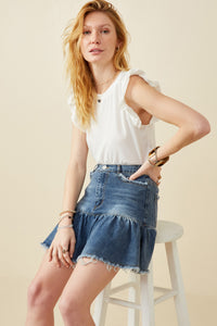 HY6791 DENIM Womens Distressed High Waist Drop Hem Denim Skirt Pose