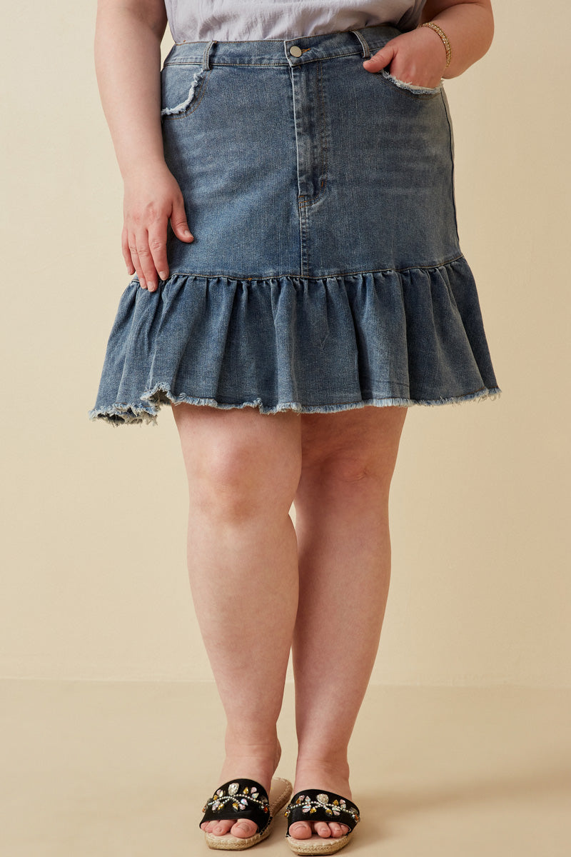 Distressed High Waist Drop Hem Denim Skirt