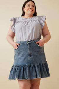 HY6791W Denim Plus Distressed High Waist Drop Hem Denim Skirt Front 2