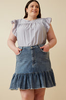HY6791W Denim Plus Distressed High Waist Drop Hem Denim Skirt Front 2