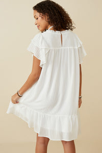 HY6803 OFF WHITE Womens Texture Striped Ruffle Sleeve V Neck Dress full Body