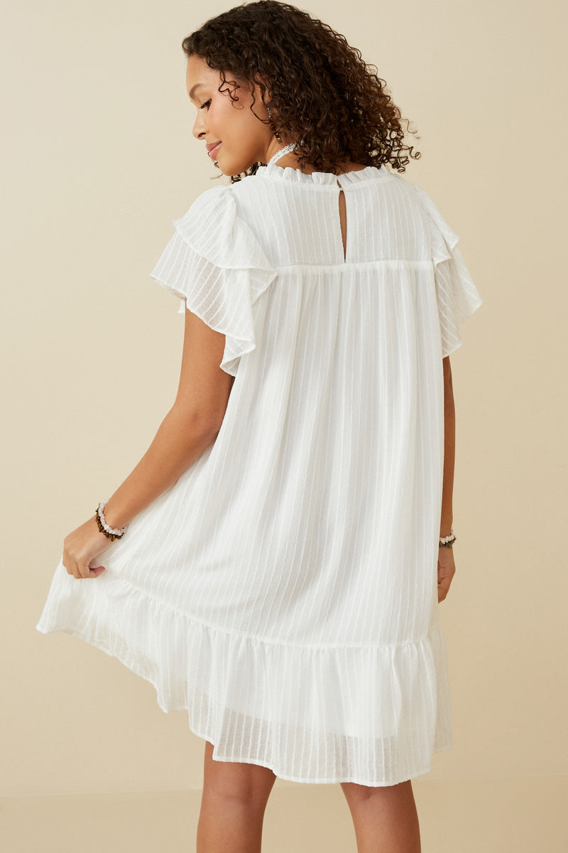 HY6803 OFF WHITE Womens Texture Striped Ruffle Sleeve V Neck Dress full Body