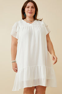 HY6803 OFF WHITE Womens Texture Striped Ruffle Sleeve V Neck Dress Front