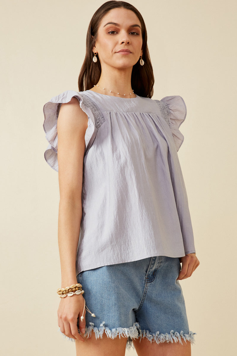 HY6810W OFF WHITE Plus Smocked Detail Ruffle Shoulder Top Full Body
