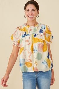 HY6811W Yellow Mix Plus Textured Smock Detail Ruffle Top Front