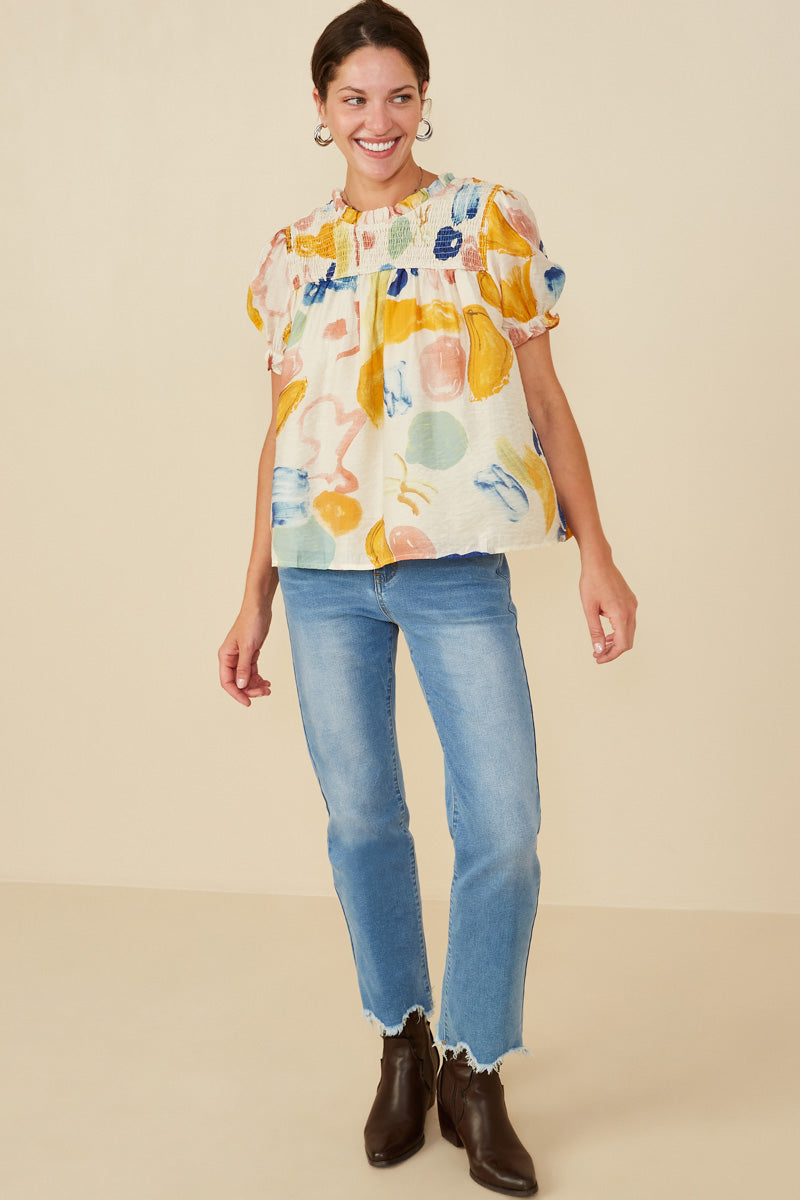 HY6811 Yellow Mix Womens Textured Smock Detail Ruffle Top Gif