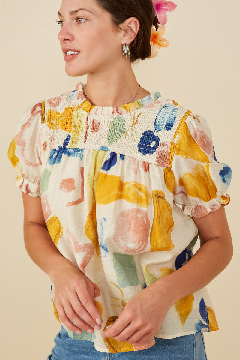 HY6811 Yellow Mix Womens Textured Smock Detail Ruffle Top Full Body