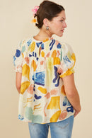 HY6811 Yellow Mix Womens Textured Smock Detail Ruffle Top Detail