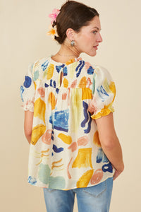 HY6811 Yellow Mix Womens Textured Smock Detail Ruffle Top Detail